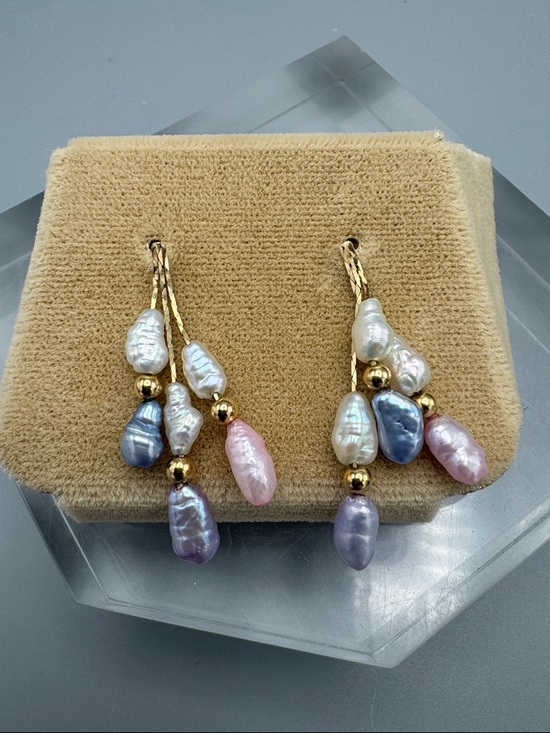 A stunning pair of diamond-set, baroque pearl drop earrings  14KT Gold Baroque Pearl Drop Earrings with Gold Accents - Pink, Blue, White